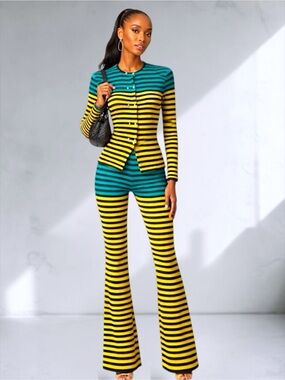 RIVIR Turquoise & Yellow Ribbed Striped Knit Pantsuit Set